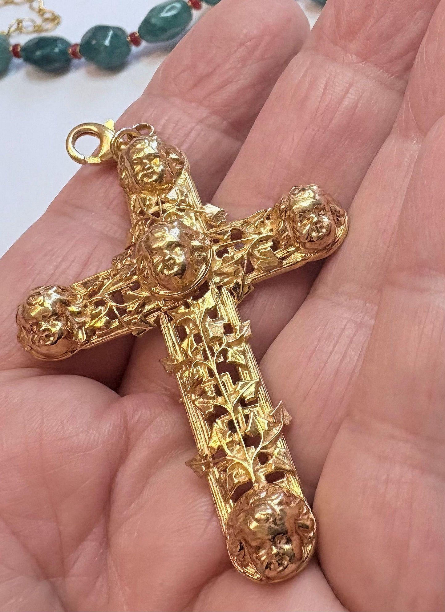 Emerald, Ruby, Vermeil Necklace: Gold Angel Cross, removable, two uses