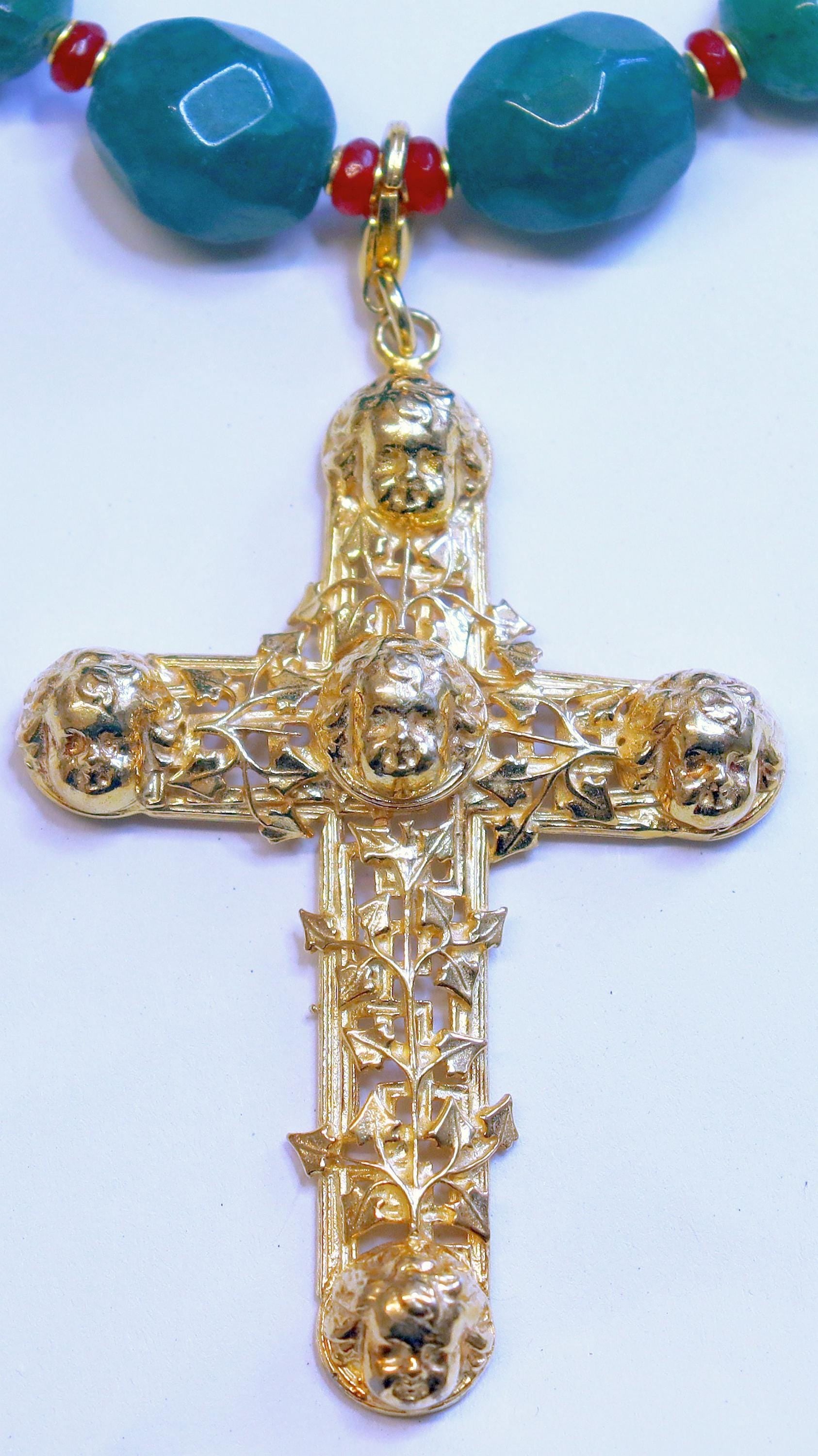 Emerald, Ruby, Vermeil Necklace: Gold Angel Cross, removable, two uses