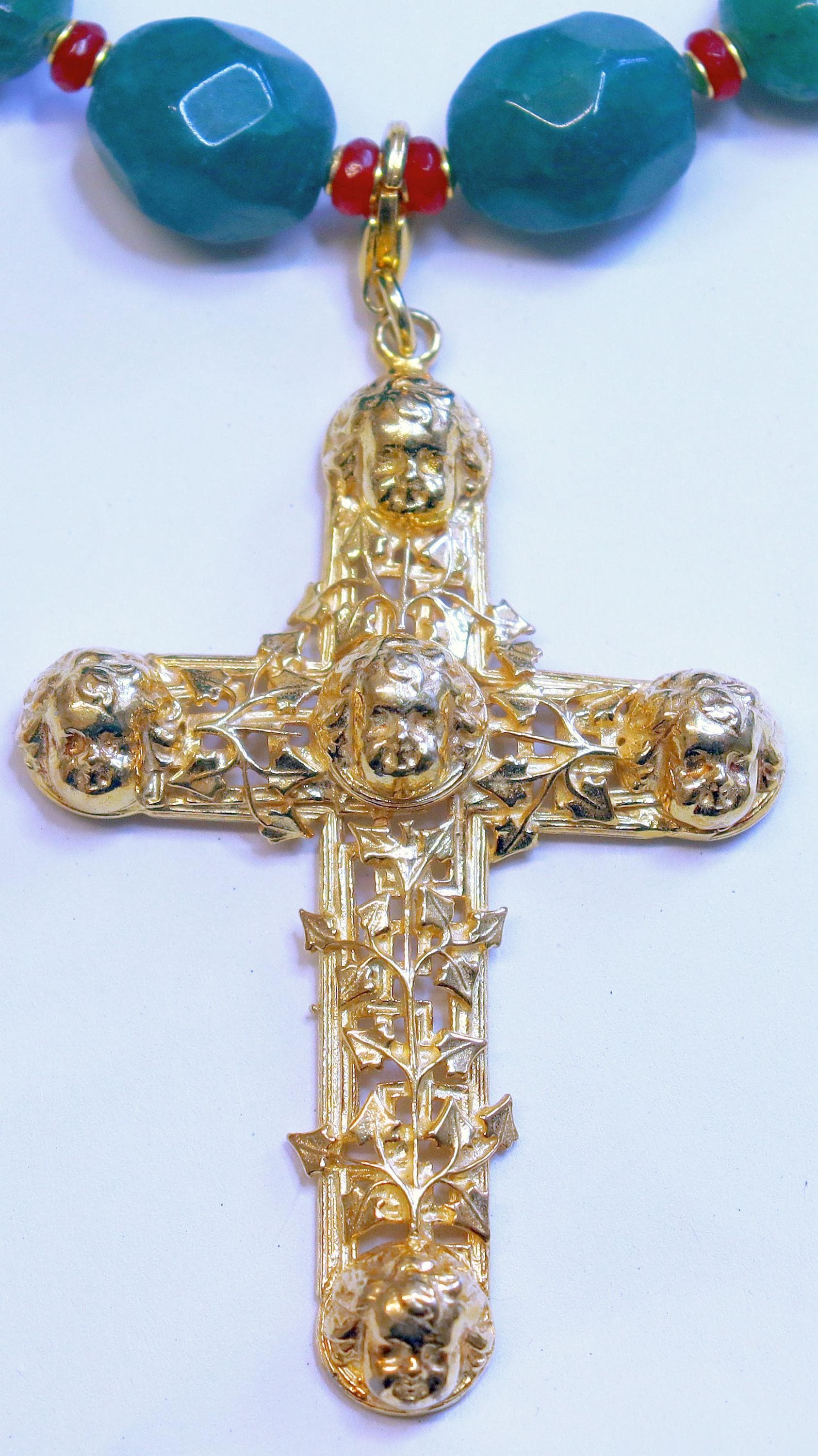 Emerald, Ruby, Vermeil Necklace: Gold Angel Cross, removable, two uses