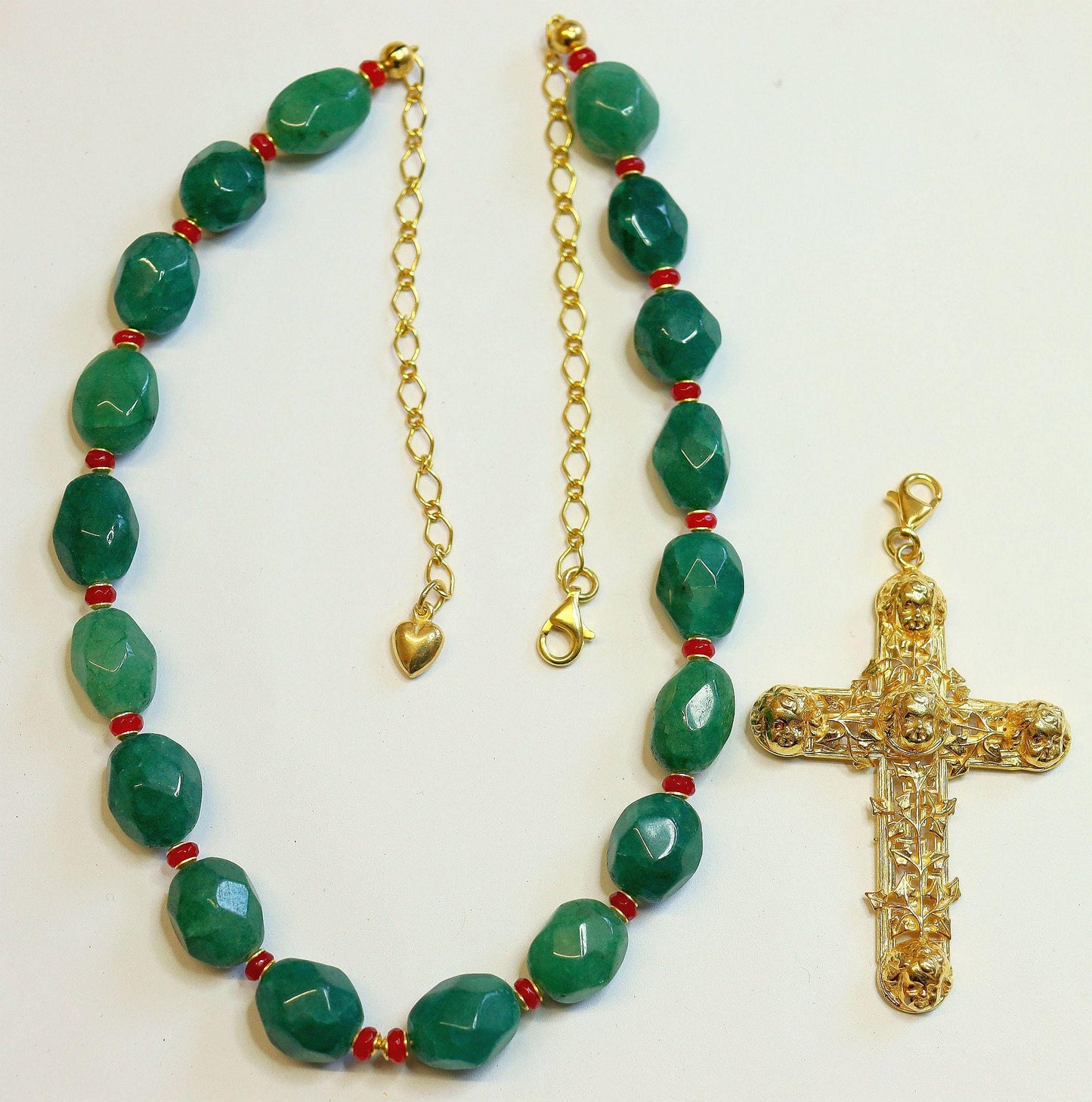 Emerald, Ruby, Vermeil Necklace: Gold Angel Cross, removable, two uses