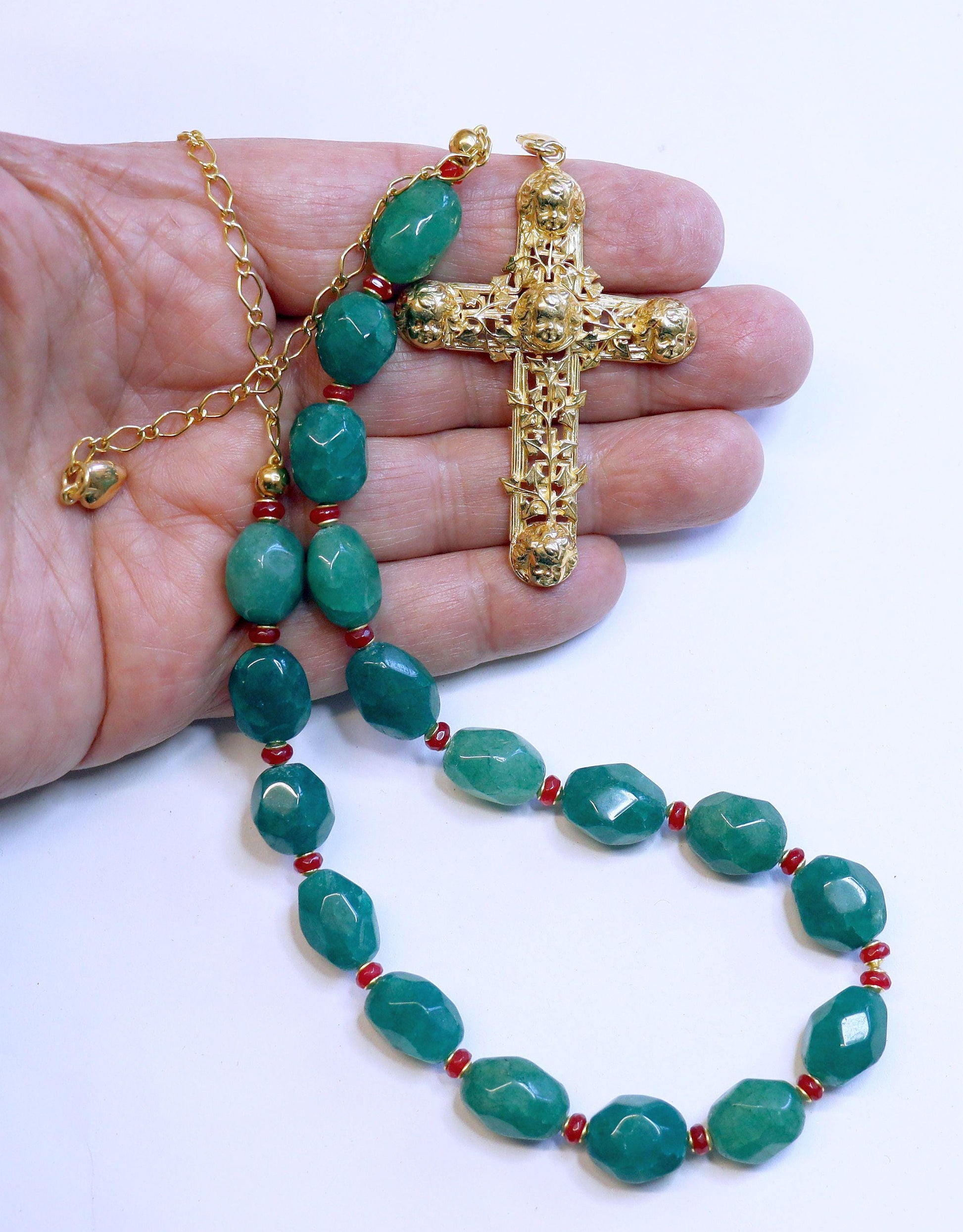 Emerald, Ruby, Vermeil Necklace: Gold Angel Cross, removable, two uses