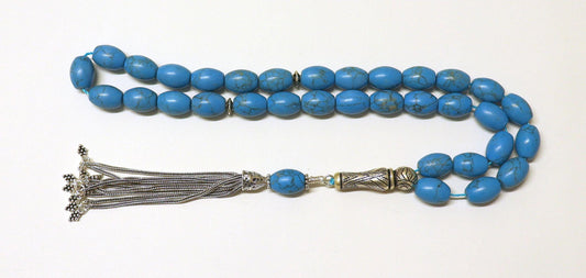 Turquoise & Sterling Tesbih Rosary Barrel Shape Beads - Rare Collector's Choice