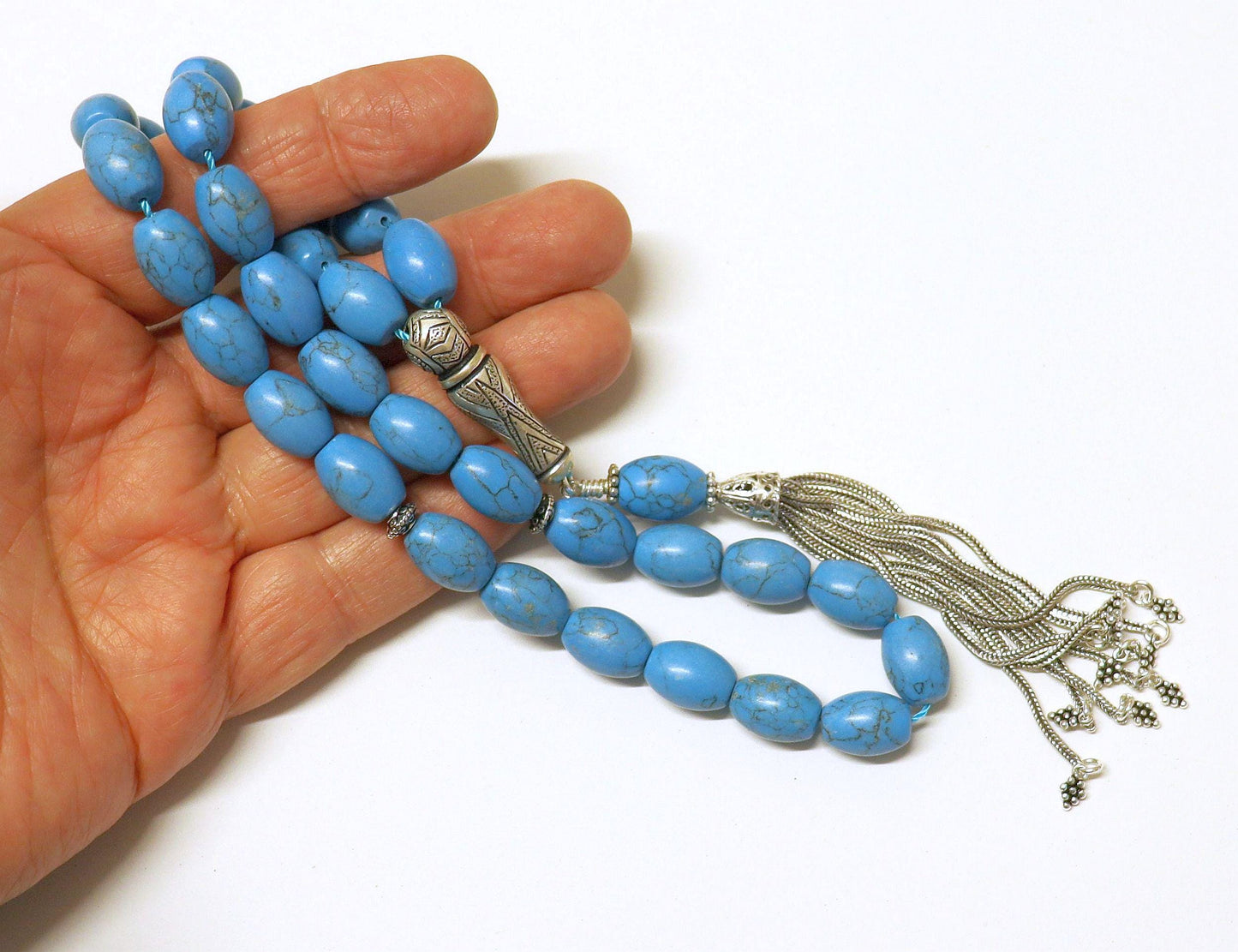 Turquoise & Sterling Tesbih Rosary Barrel Shape Beads - Rare Collector's Choice
