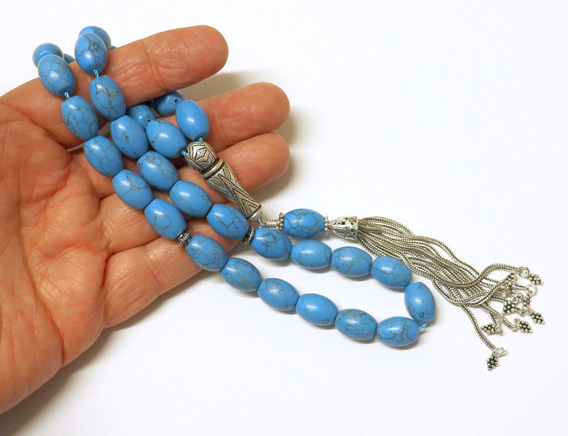 Turquoise & Sterling Tesbih Rosary Barrel Shape Beads - Rare Collector's Choice