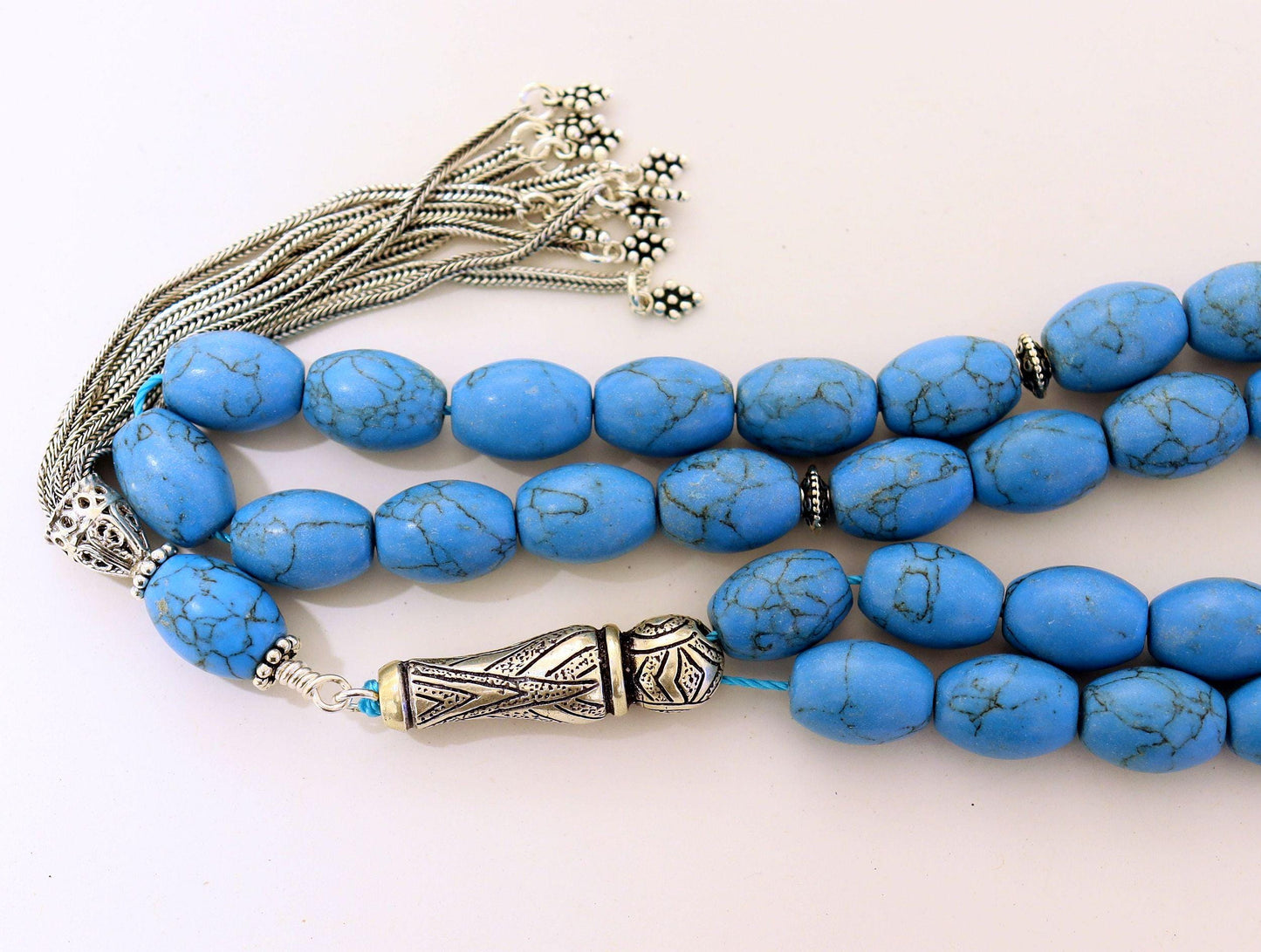 Turquoise & Sterling Tesbih Rosary Barrel Shape Beads - Rare Collector's Choice