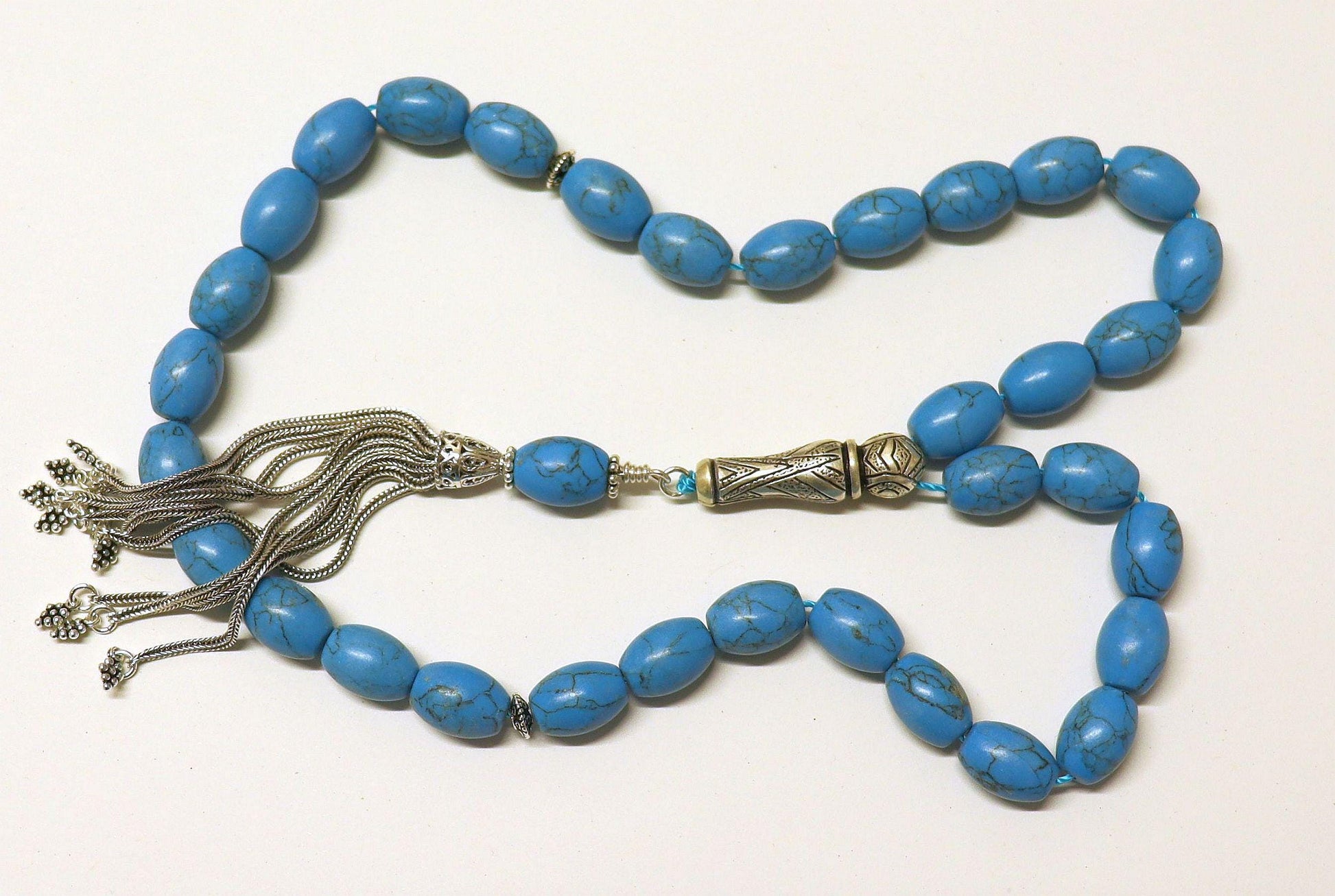 Turquoise & Sterling Tesbih Rosary Barrel Shape Beads - Rare Collector's Choice
