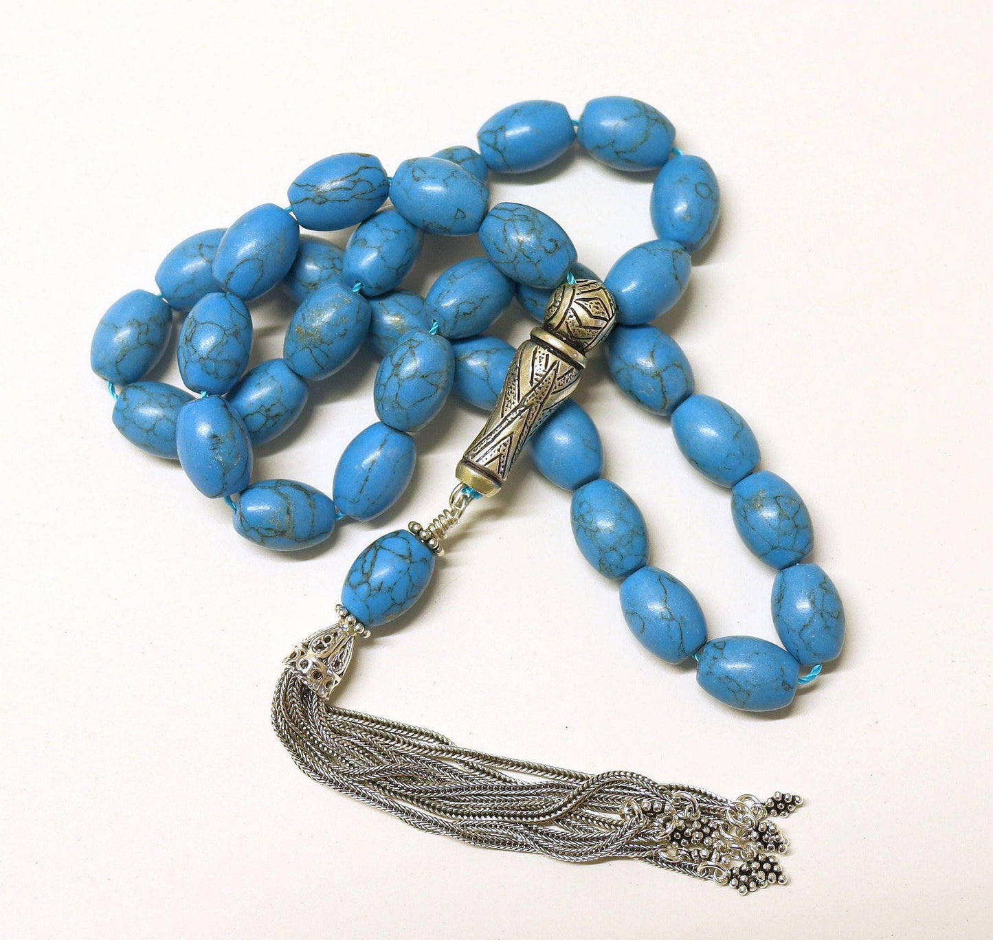 Turquoise & Sterling Tesbih Rosary Barrel Shape Beads - Rare Collector's Choice