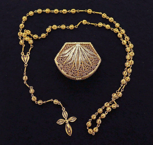 Vintage Rare Catholic Rosary and Box Set in Filigree Vermeil - Sterling Silver 24K. Gold Plated