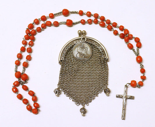 DD 1893 Catholic Rosary in Coral & Silver w Sterling Mesh Purse and St Bernard Medal