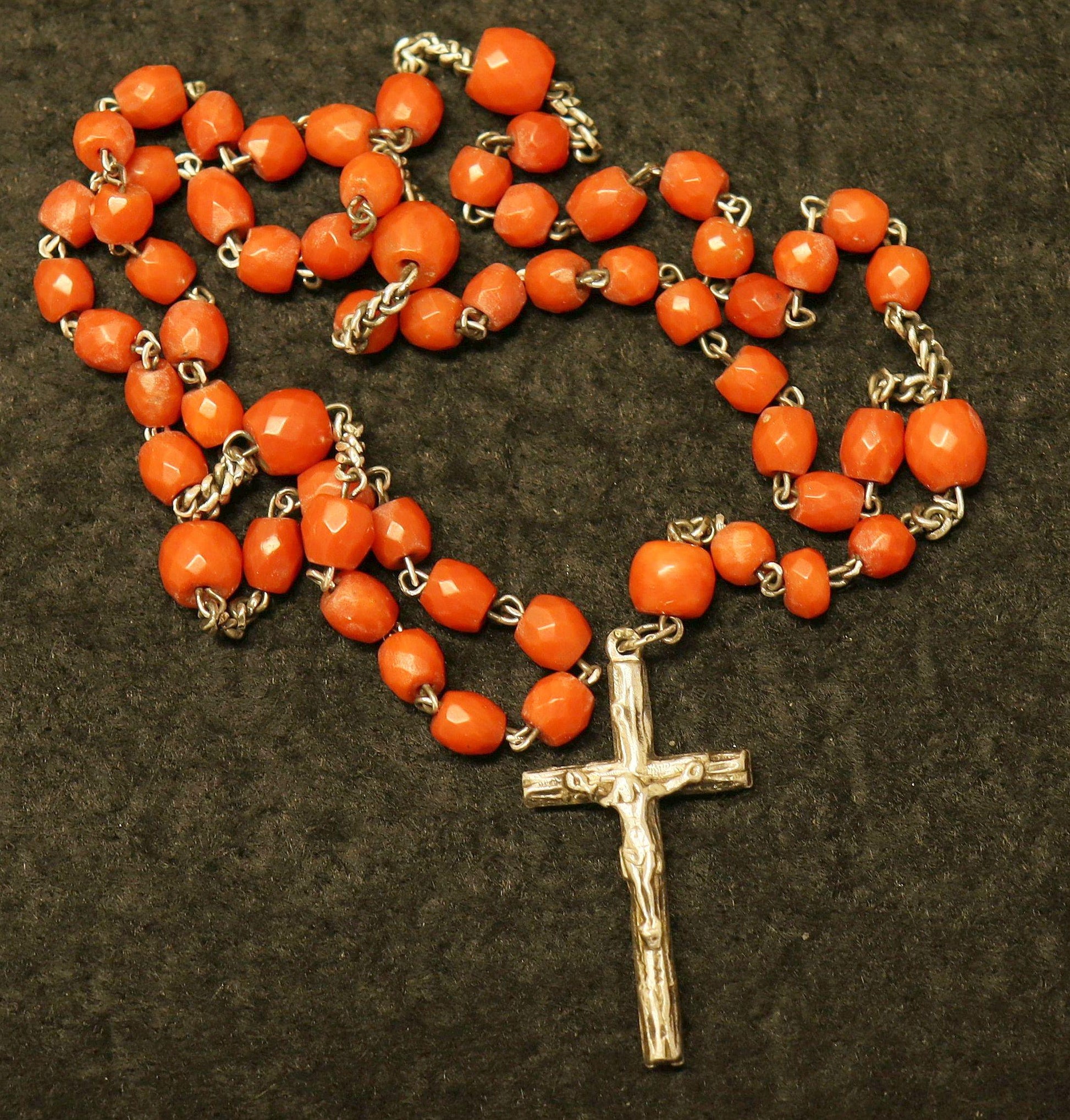 DD 1893 Catholic Rosary in Coral & Silver w Sterling Mesh Purse and St Bernard Medal