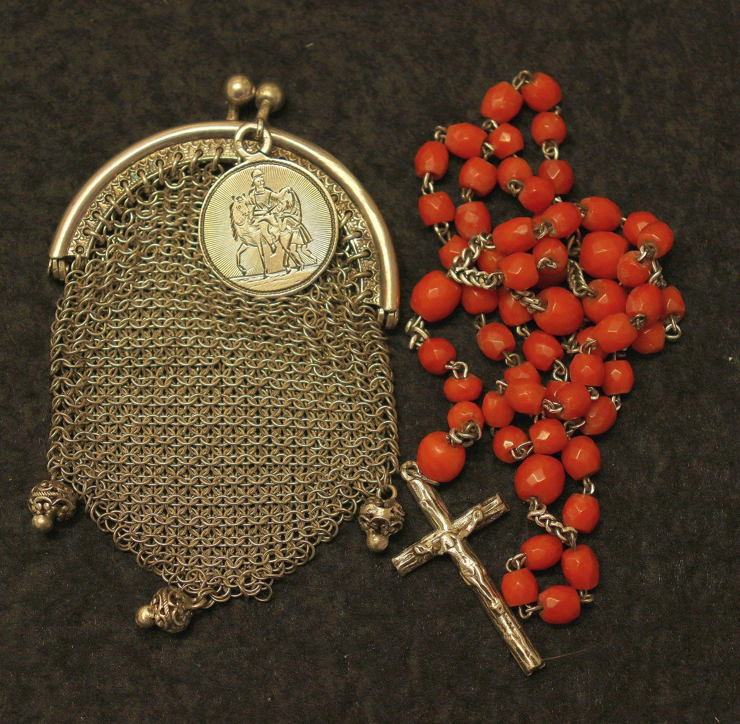 DD 1893 Catholic Rosary in Coral & Silver w Sterling Mesh Purse and St Bernard Medal