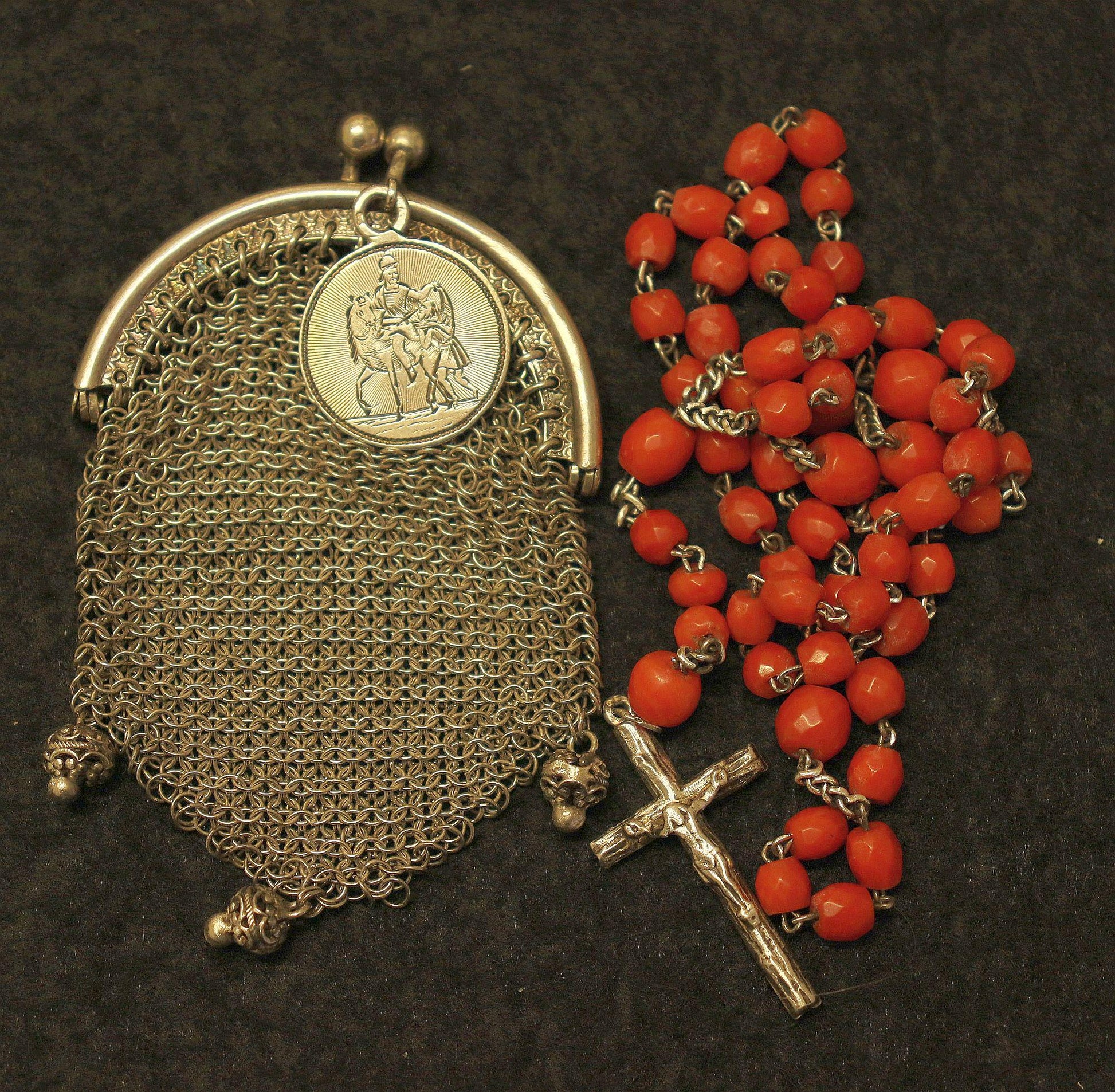 DD 1893 Catholic Rosary in Coral & Silver w Sterling Mesh Purse and St Bernard Medal