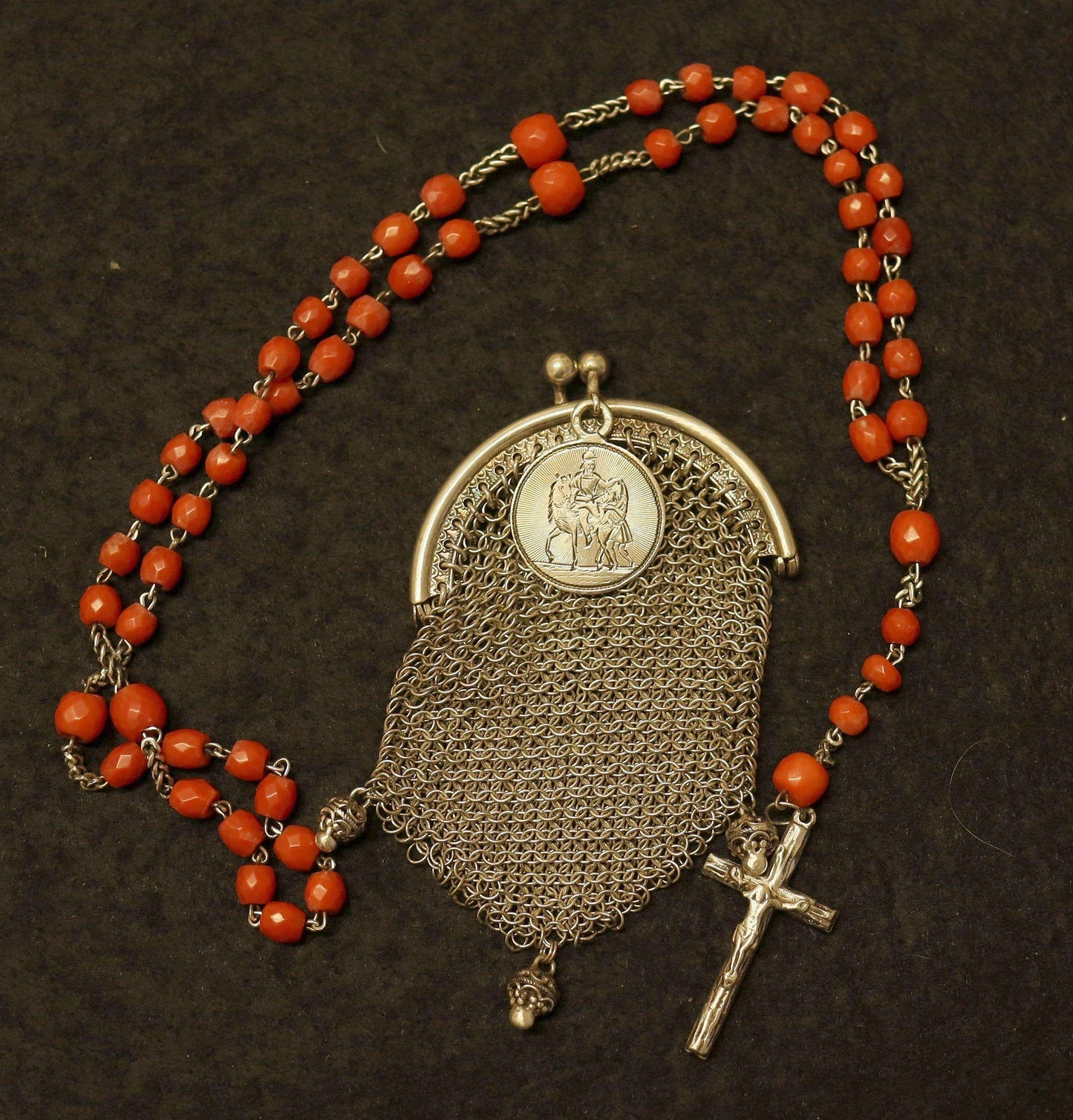 DD 1893 Catholic Rosary in Coral & Silver w Sterling Mesh Purse and St Bernard Medal
