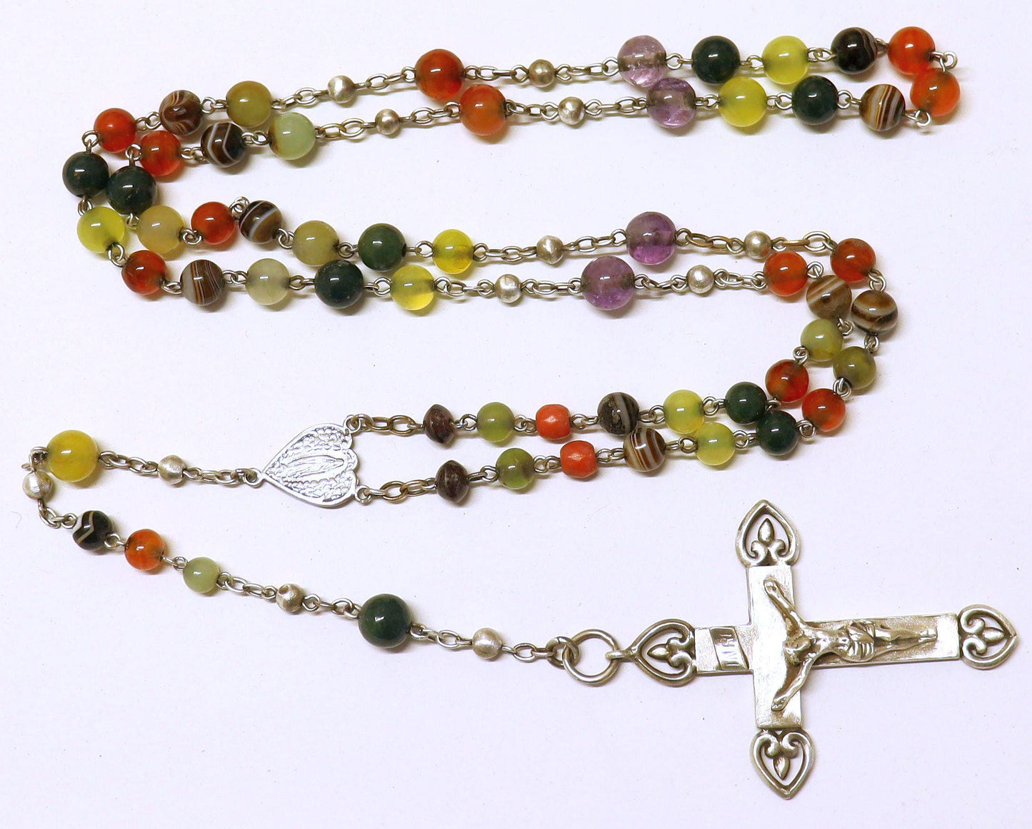 Early 20th Cent. Catholic Rosary Multi Gemstones & Sterling Silver with Heavy Crucifix - Rare Collector's item