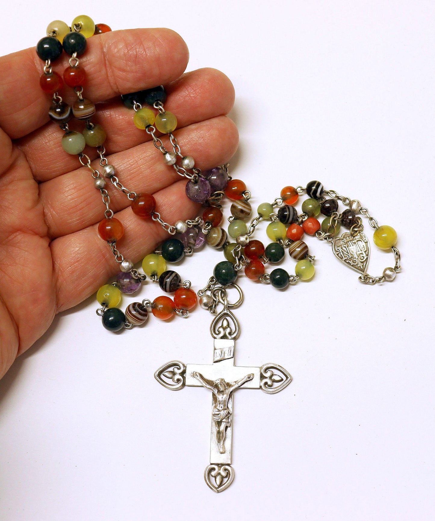 Early 20th Cent. Catholic Rosary Multi Gemstones & Sterling Silver with Heavy Crucifix - Rare Collector's item