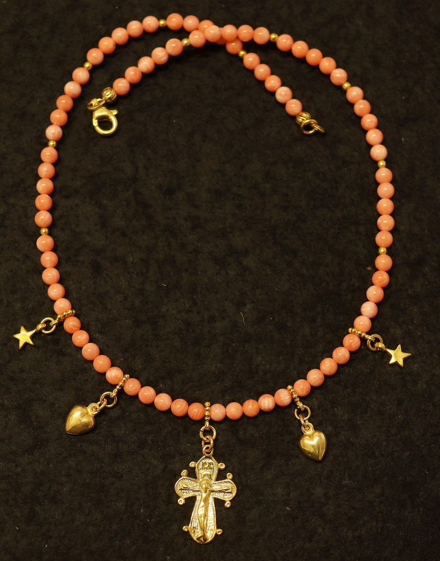 Angel Coral Vermeil Necklace Choker: Cross, Hearts and Stars