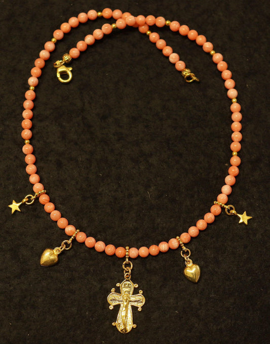 Angel Coral Vermeil Necklace Choker: Cross, Hearts and Stars