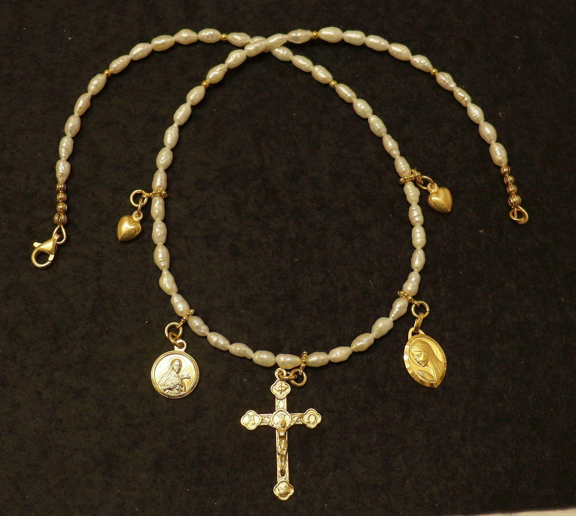 Baroque Sea Pearls Vermeil Necklace Choker: Cross, Medals and Hearts