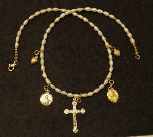 Baroque Sea Pearls Vermeil Necklace Choker: Cross, Medals and Hearts