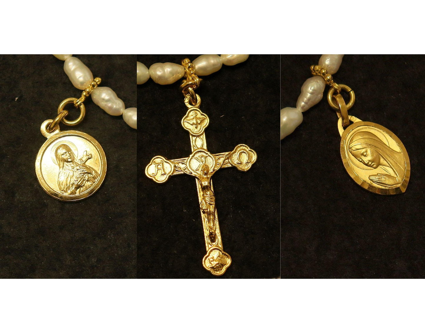Baroque Sea Pearls Vermeil Necklace Choker: Cross, Medals and Hearts