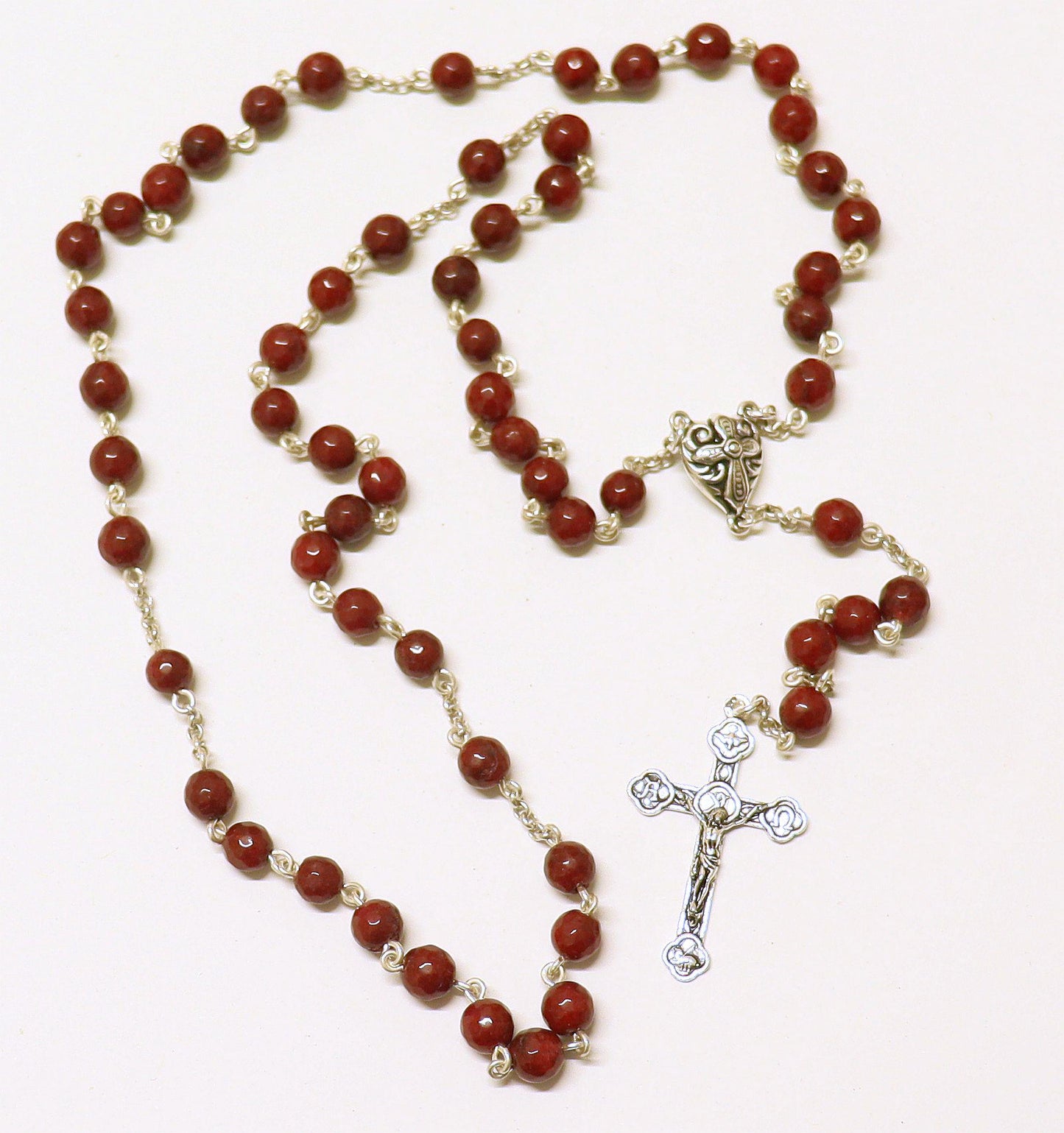 Catholic Chain Rosary Genuine Faceted Ruby and Sterling Silver