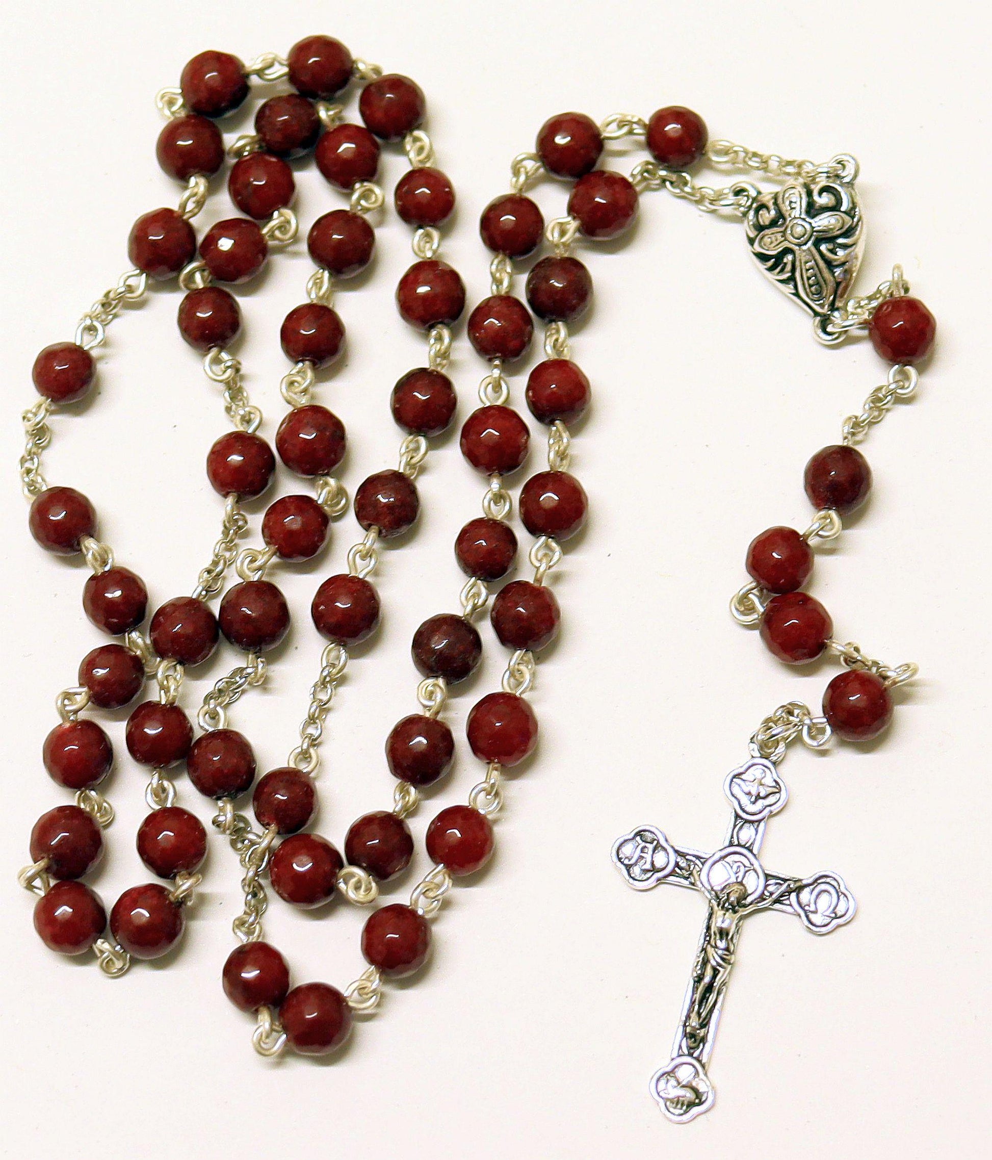 Catholic Chain Rosary Genuine Faceted Ruby and Sterling Silver