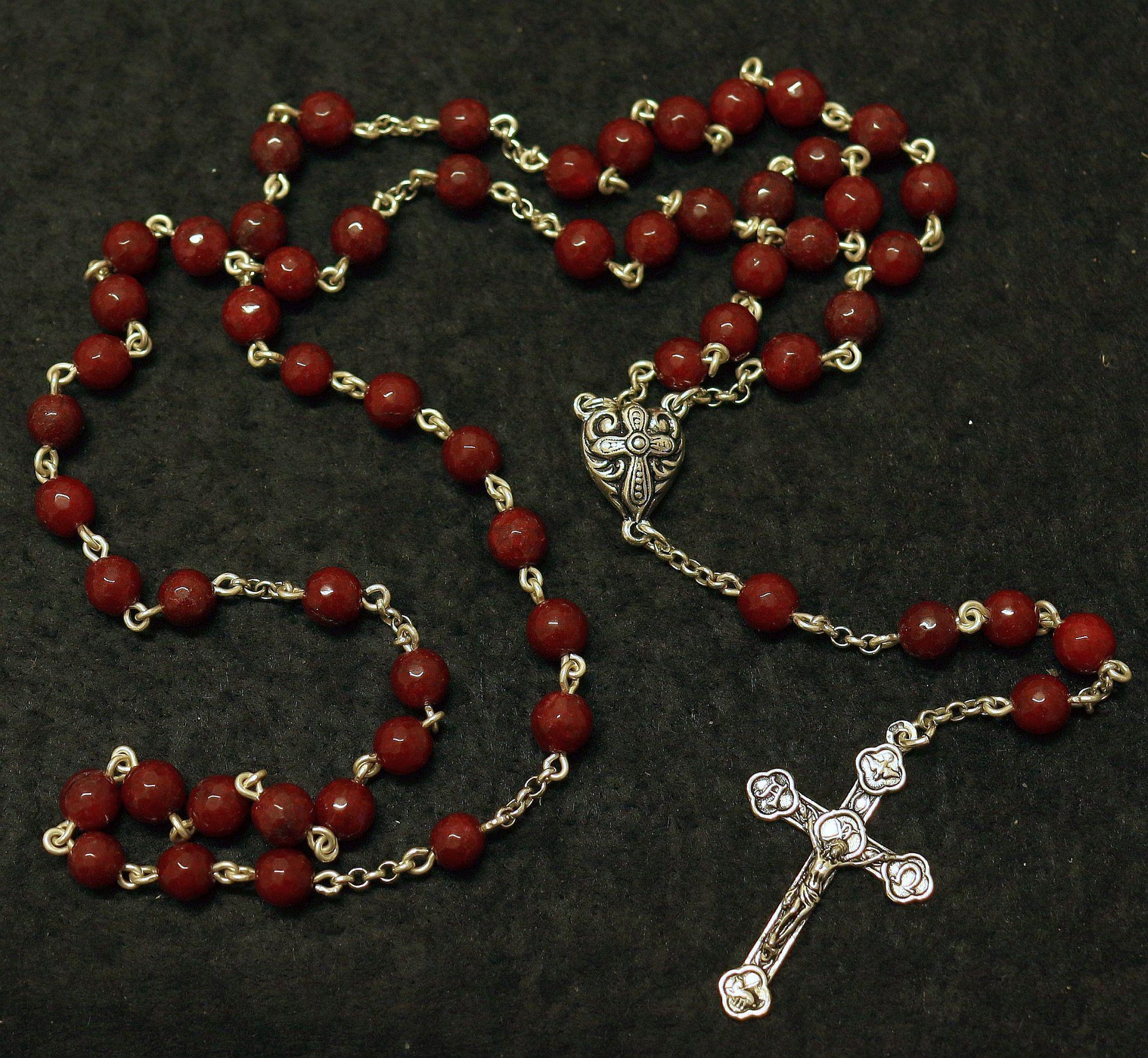Catholic Chain Rosary Genuine Faceted Ruby and Sterling Silver