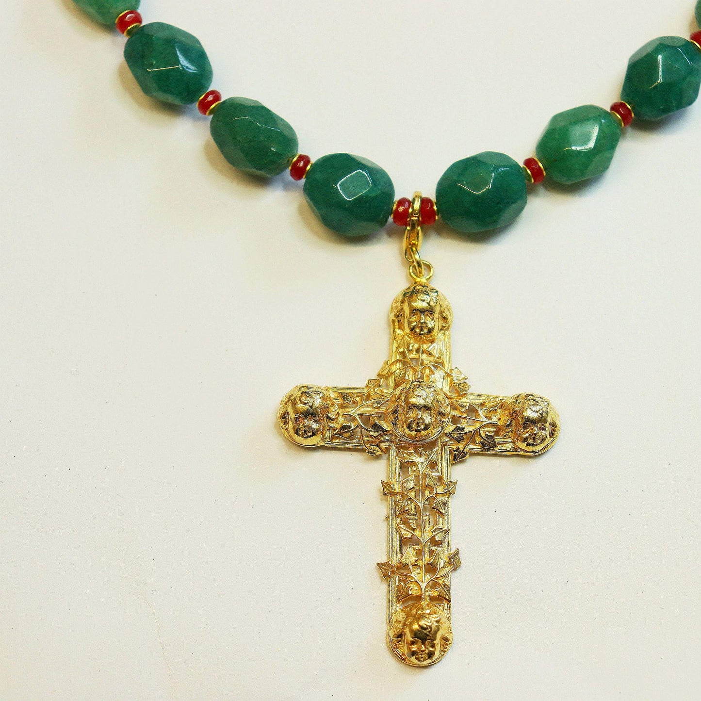 Emerald, Ruby, Vermeil Necklace: Gold Angel Cross, removable, two uses