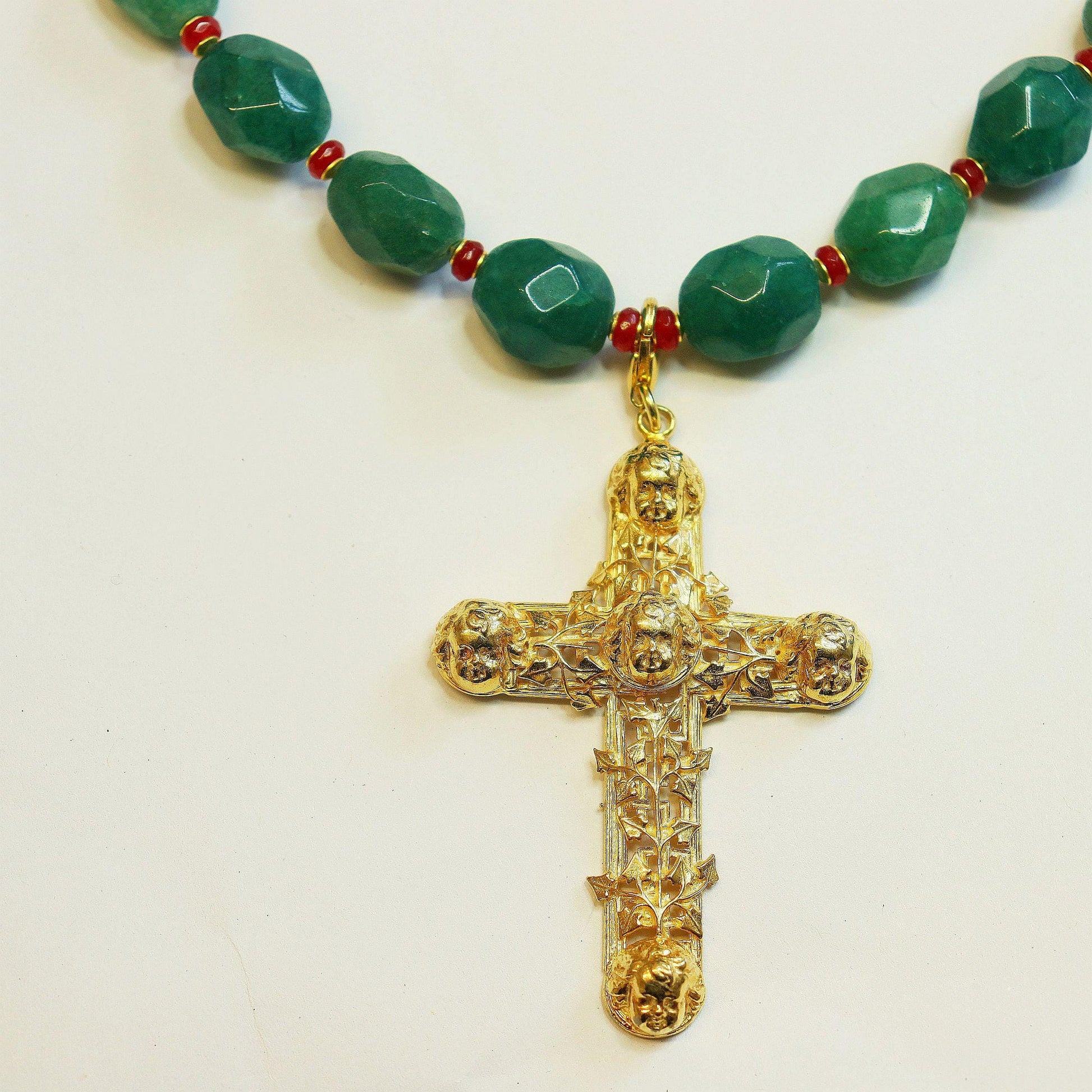 Emerald, Ruby, Vermeil Necklace: Gold Angel Cross, removable, two uses