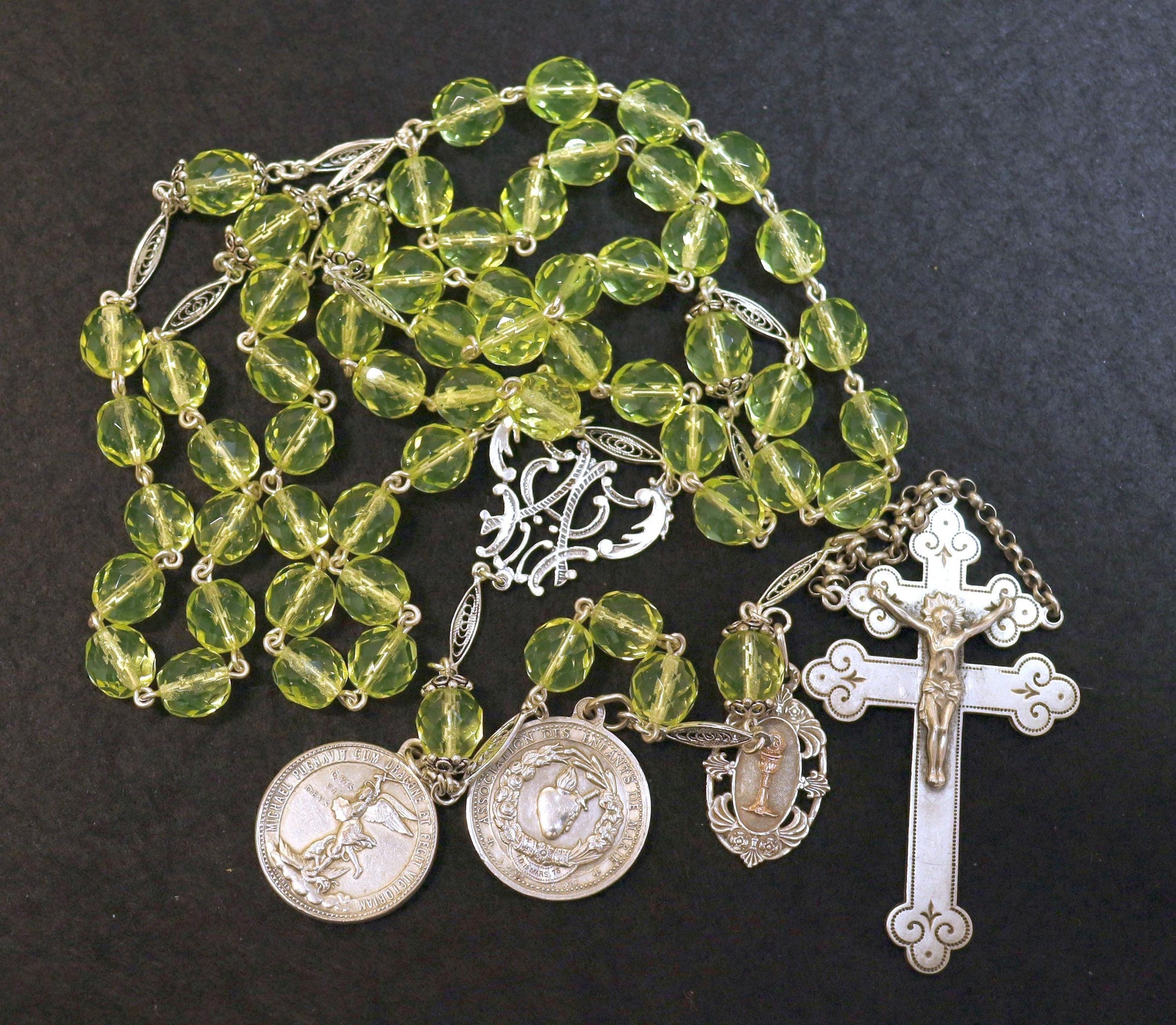 1878 Catholic, Large, Uranium Glass & Sterling Silver , Rare Collectible, Unique and Antique