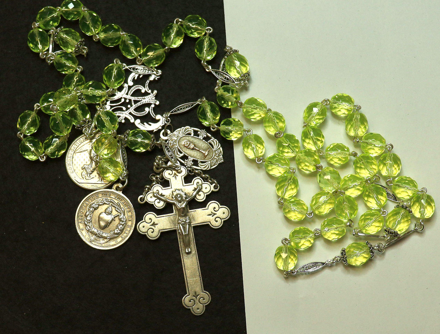 1878 Catholic, Large, Uranium Glass & Sterling Silver , Rare Collectible, Unique and Antique