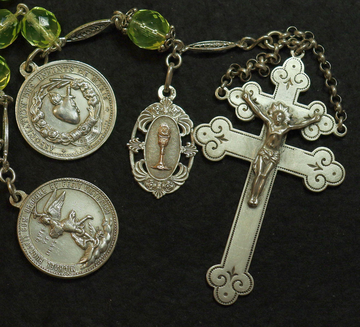 1878 Catholic, Large, Uranium Glass & Sterling Silver , Rare Collectible, Unique and Antique