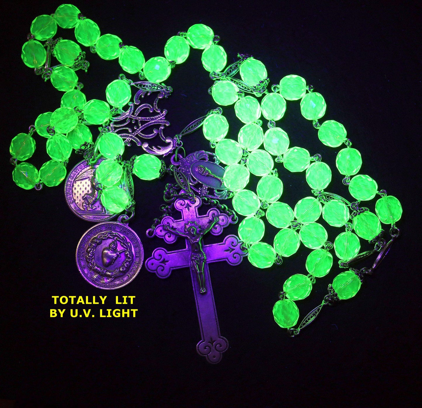1878 Catholic, Large, Uranium Glass & Sterling Silver , Rare Collectible, Unique and Antique