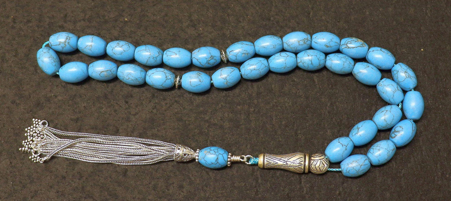 Turquoise & Sterling Tesbih Rosary Barrel Shape Beads - Rare Collector's Choice