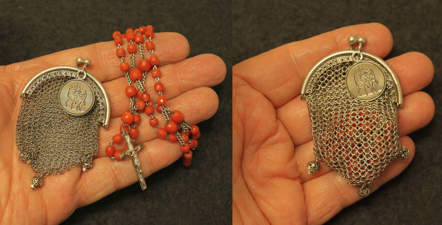 DD 1893 Catholic Rosary in Coral & Silver w Sterling Mesh Purse and St Bernard Medal