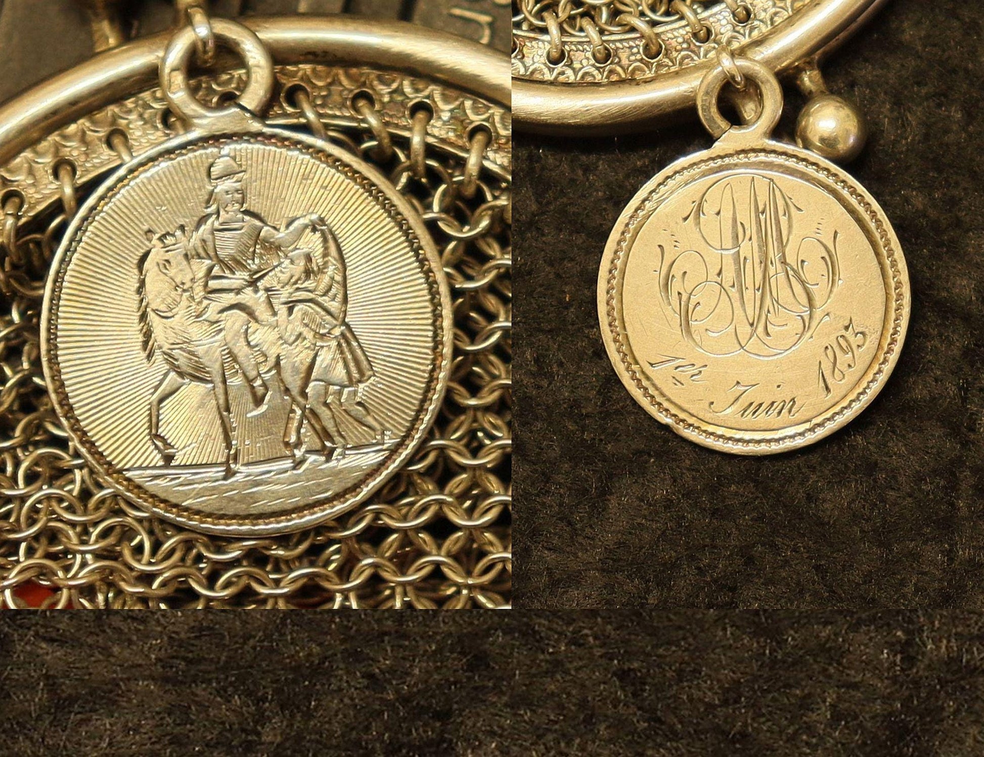 DD 1893 Catholic Rosary in Coral & Silver w Sterling Mesh Purse and St Bernard Medal