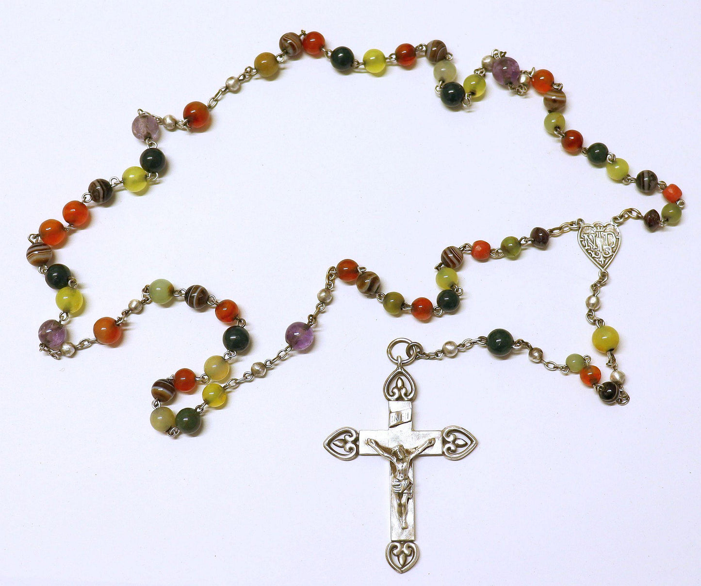 Early 20th Cent. Catholic Rosary Multi Gemstones & Sterling Silver with Heavy Crucifix - Rare Collector's item