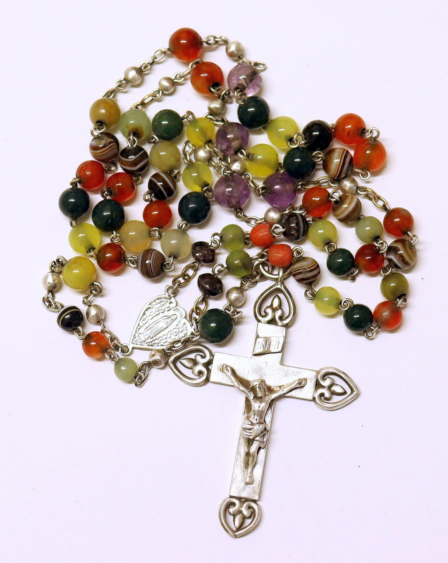 Early 20th Cent. Catholic Rosary Multi Gemstones & Sterling Silver with Heavy Crucifix - Rare Collector's item