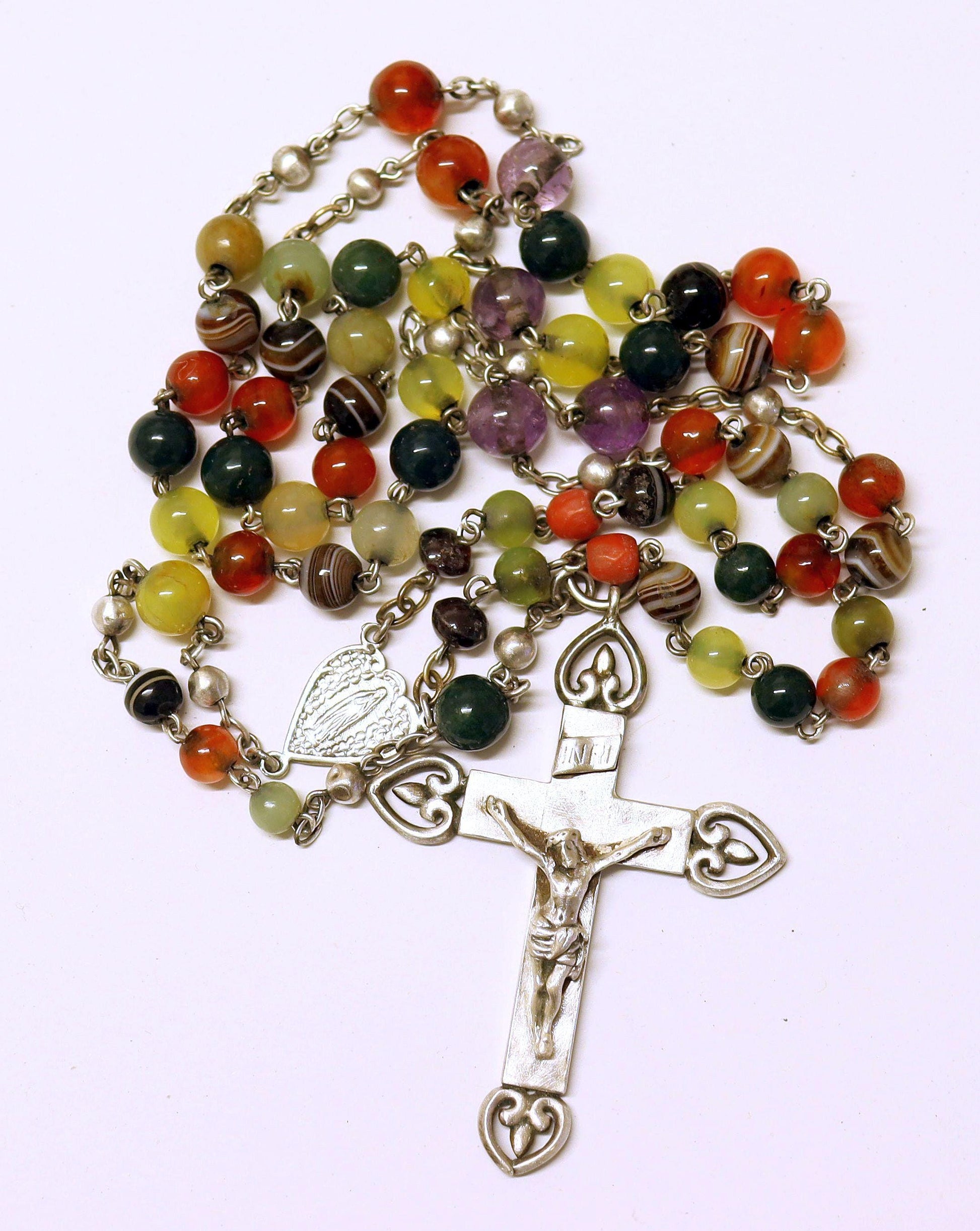 Early 20th Cent. Catholic Rosary Multi Gemstones & Sterling Silver with Heavy Crucifix - Rare Collector's item