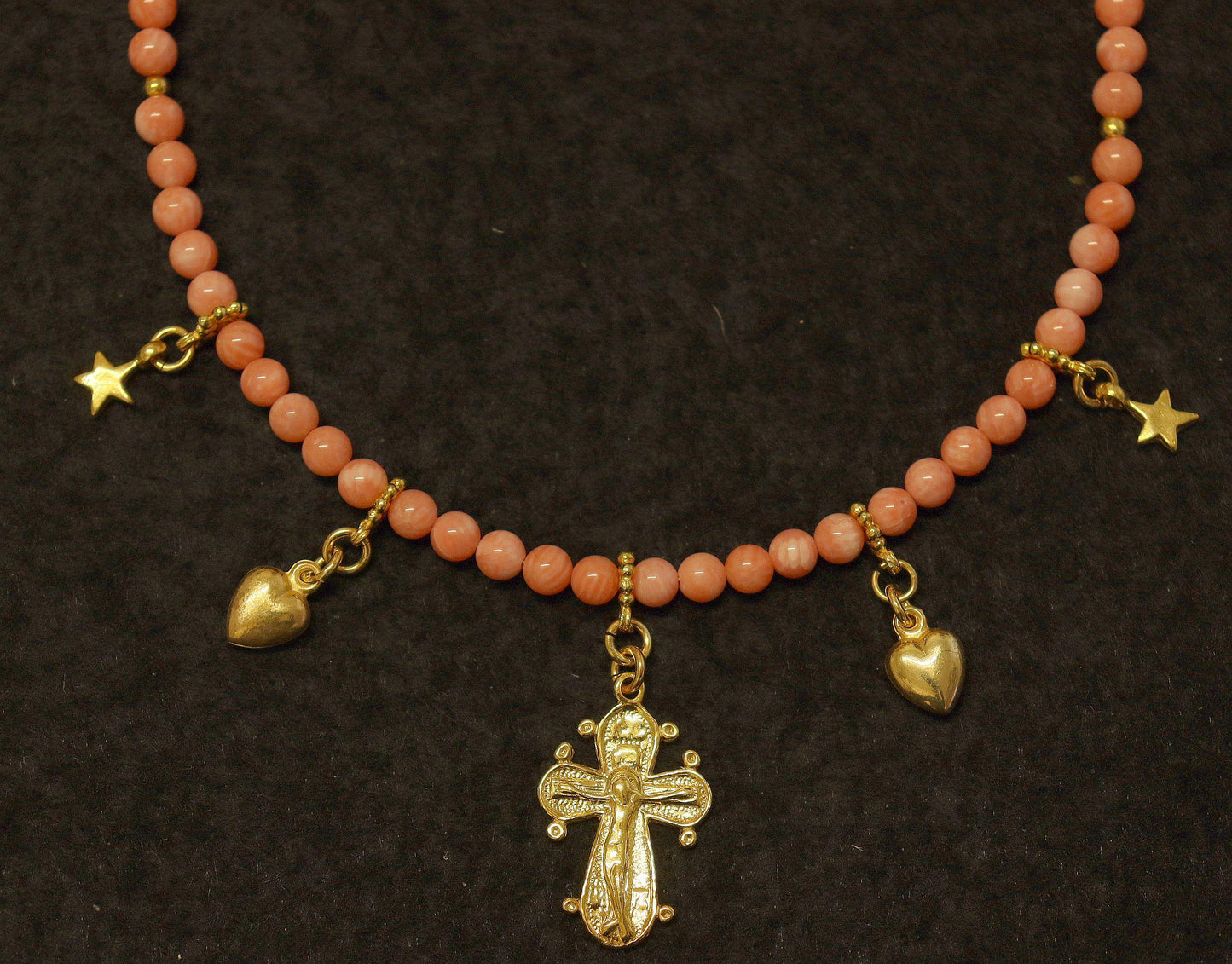 Angel Coral Vermeil Necklace Choker: Cross, Hearts and Stars