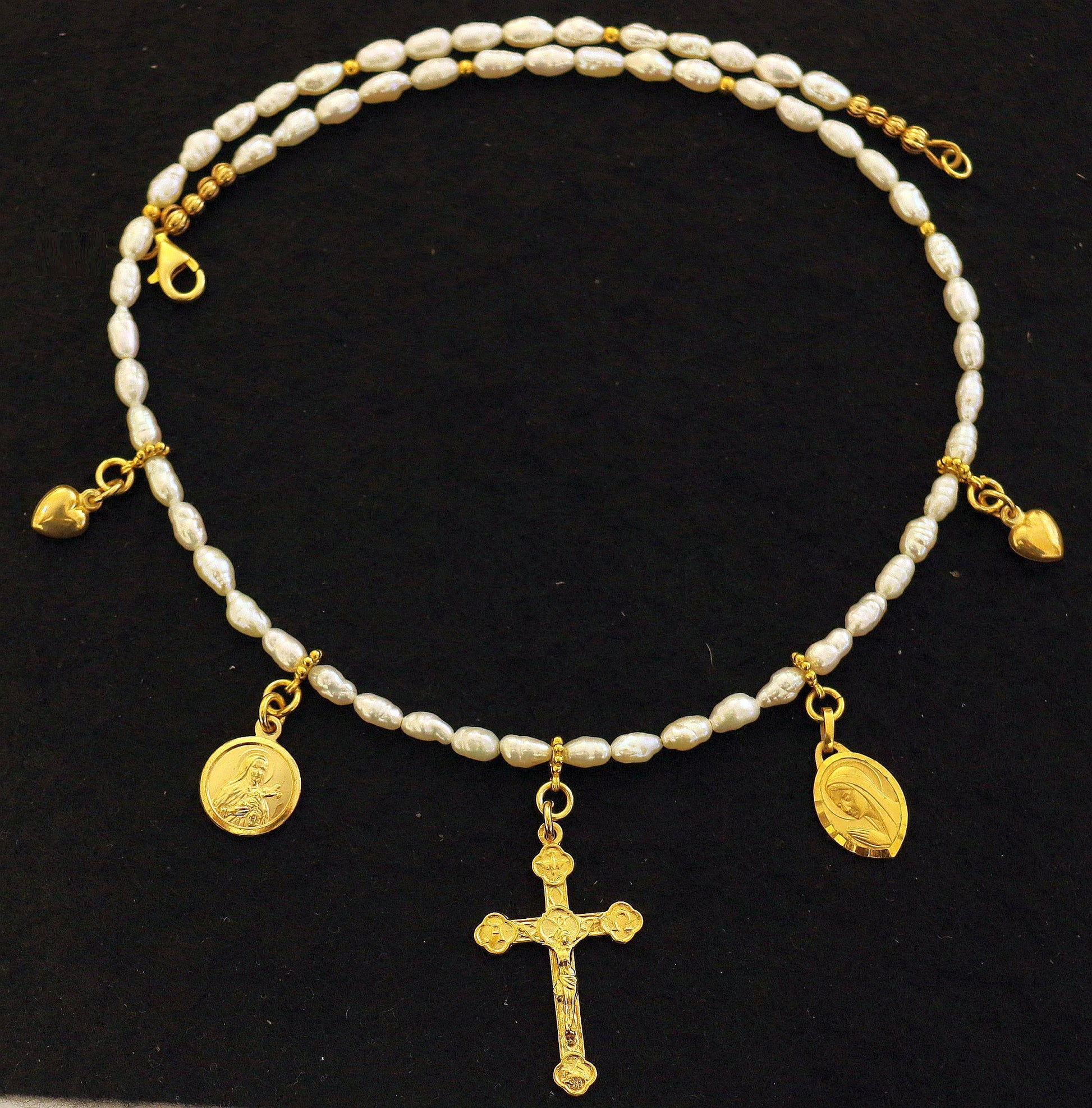 Baroque Sea Pearls Vermeil Necklace Choker: Cross, Medals and Hearts