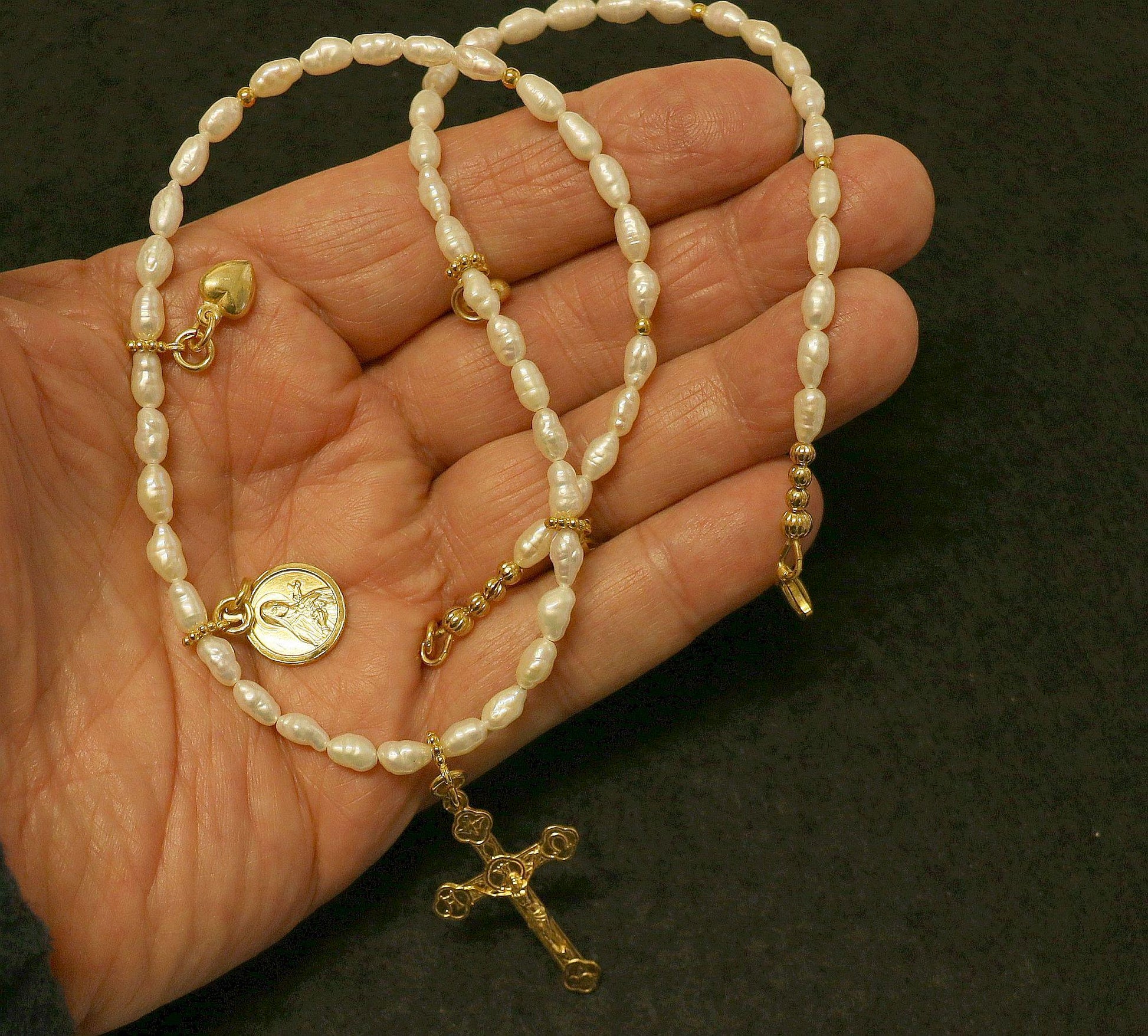 Baroque Sea Pearls Vermeil Necklace Choker: Cross, Medals and Hearts