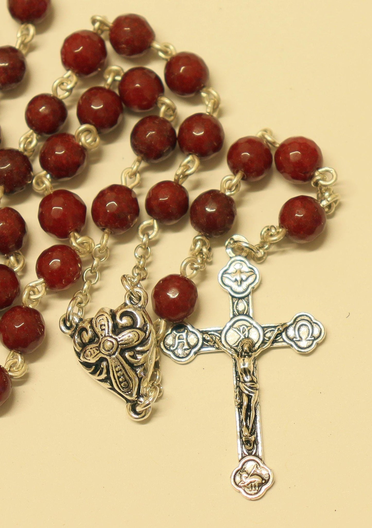 Catholic Chain Rosary Genuine Faceted Ruby and Sterling Silver