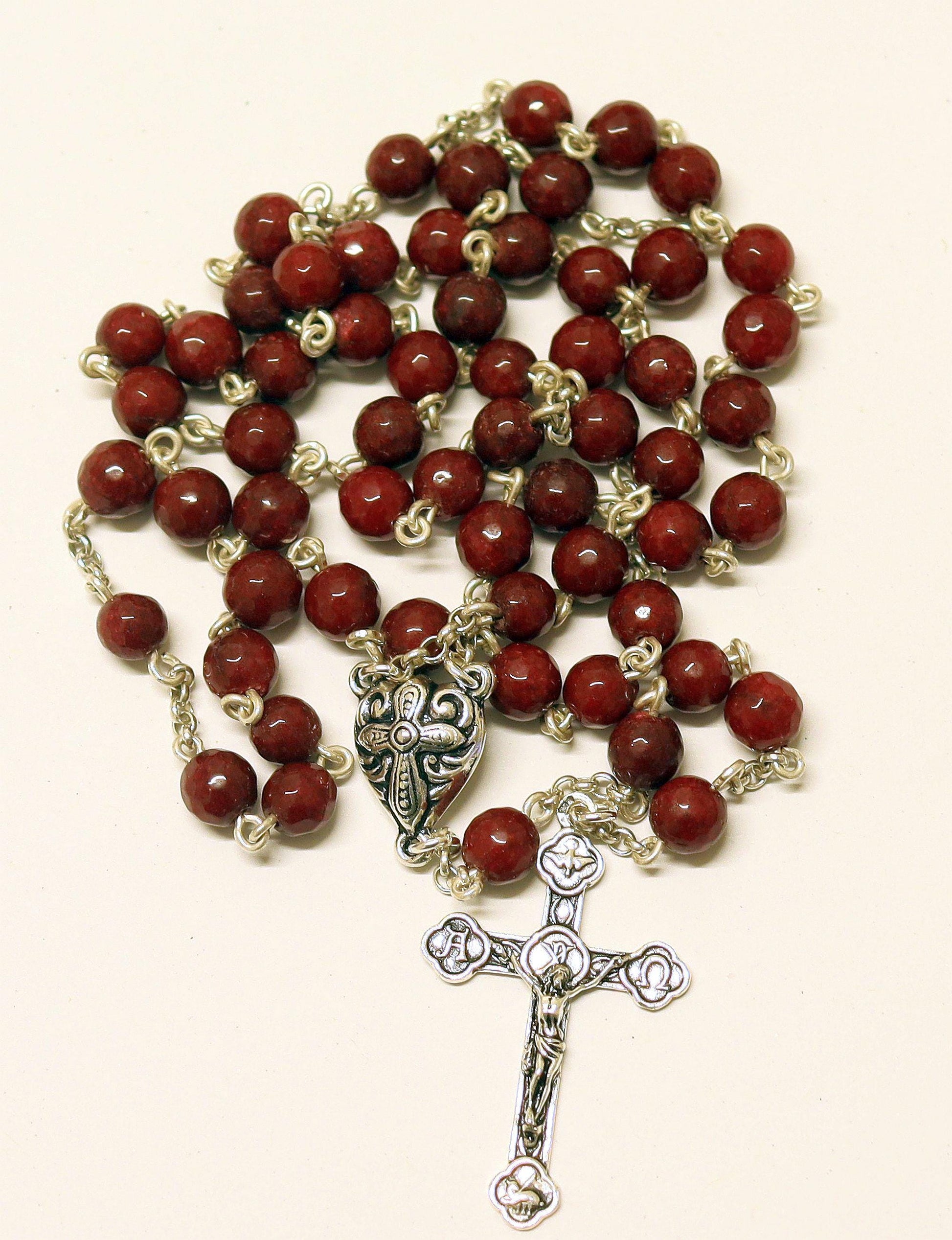Catholic Chain Rosary Genuine Faceted Ruby and Sterling Silver