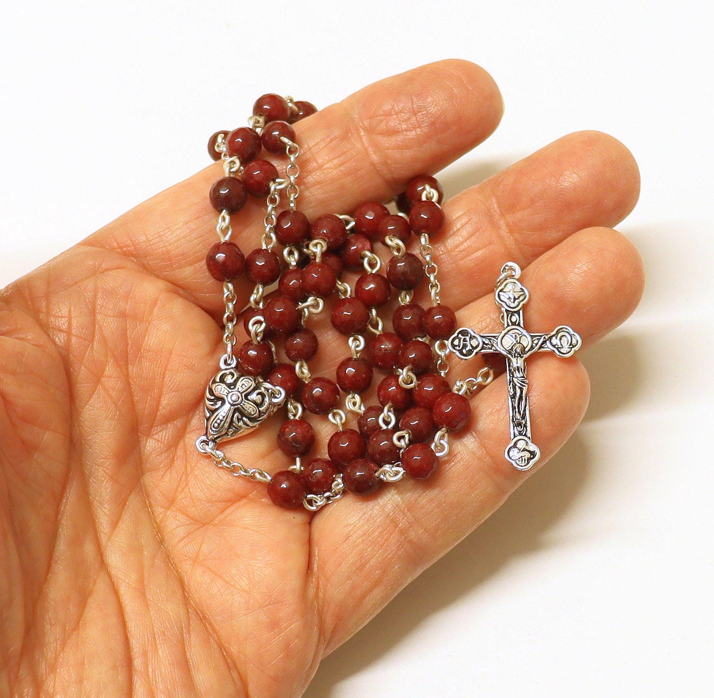 Catholic Chain Rosary Genuine Faceted Ruby and Sterling Silver