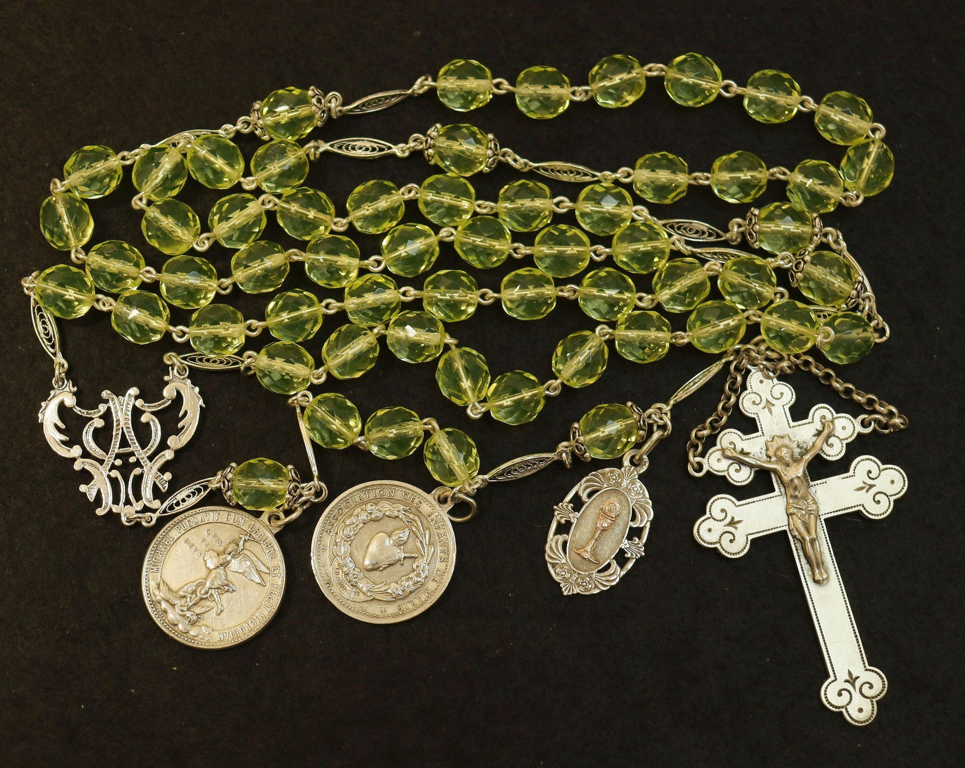 1878 Catholic, Large, Uranium Glass & Sterling Silver , Rare Collectible, Unique and Antique