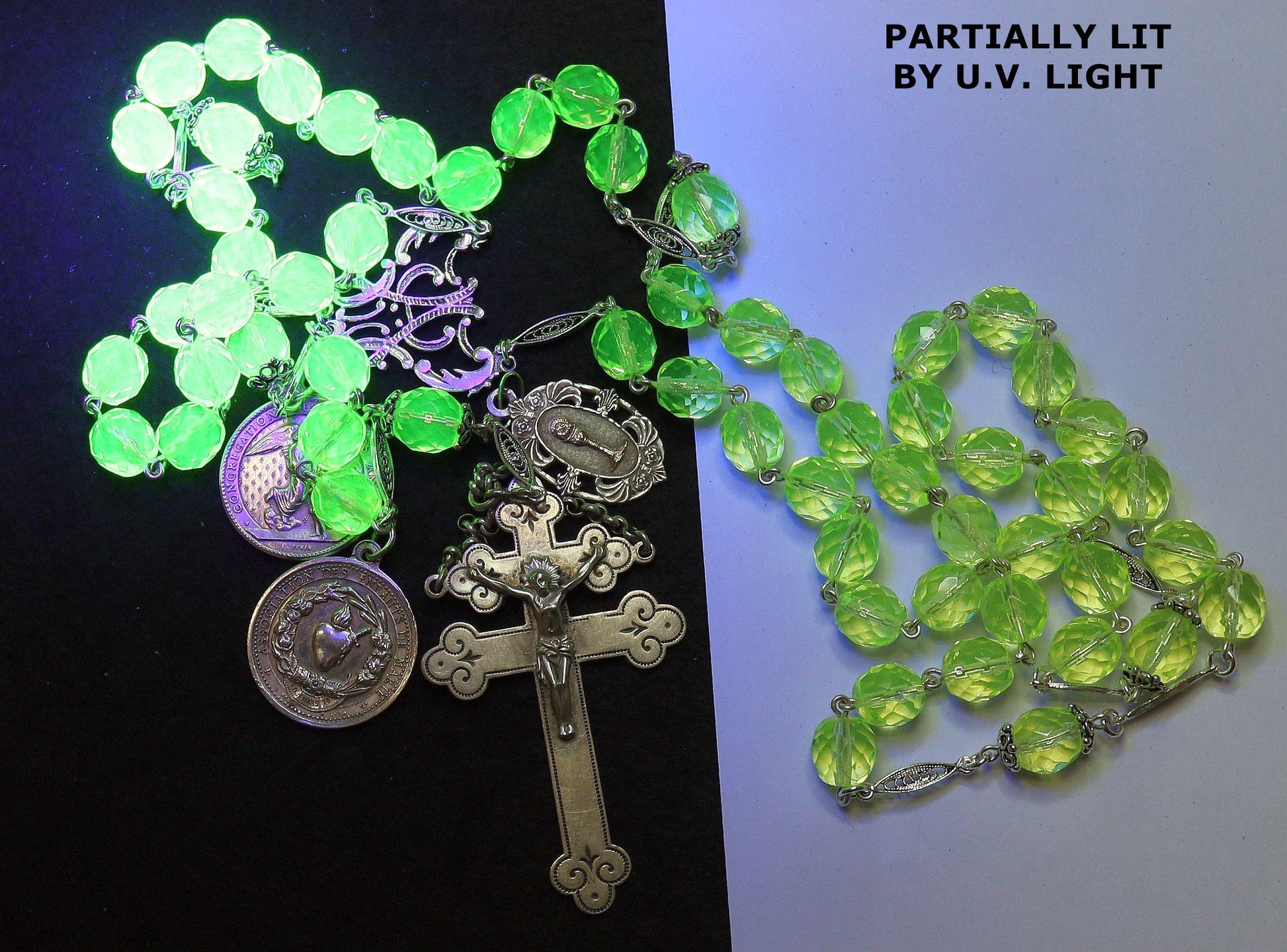 1878 Catholic, Large, Uranium Glass & Sterling Silver , Rare Collectible, Unique and Antique