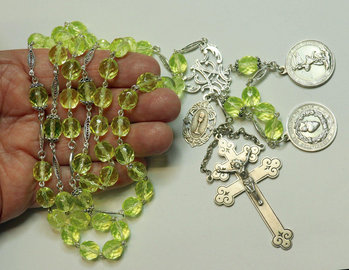 1878 Catholic, Large, Uranium Glass & Sterling Silver , Rare Collectible, Unique and Antique