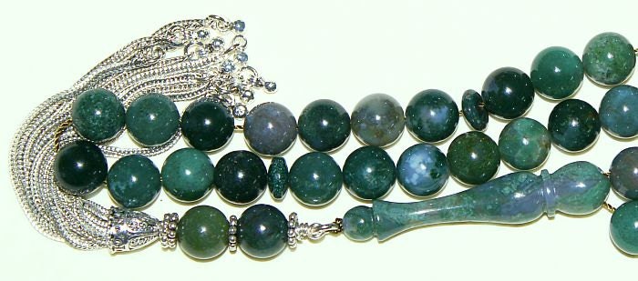 Luxury Prayer Beads Tesbih AA Grade Moss Agate and Sterling Silver - Top Quality - Collector's