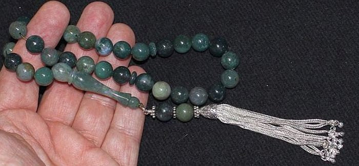 Luxury Prayer Beads Tesbih AA Grade Moss Agate and Sterling Silver - Top Quality - Collector's